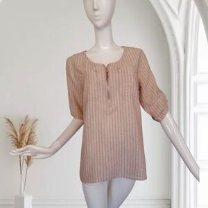 Anne Klein Tan Striped Puff-Sleeve Blouse